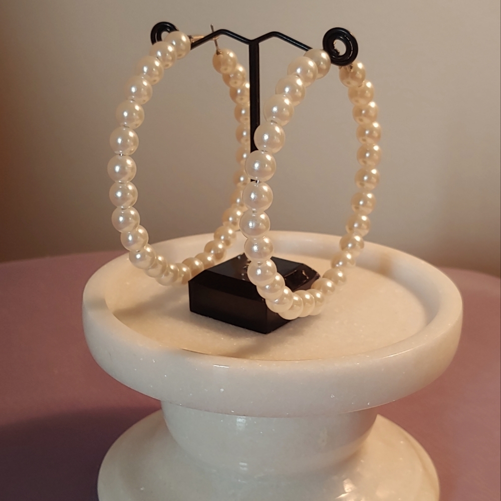 NWOT Large Hoop Simulated Pearl Earrings